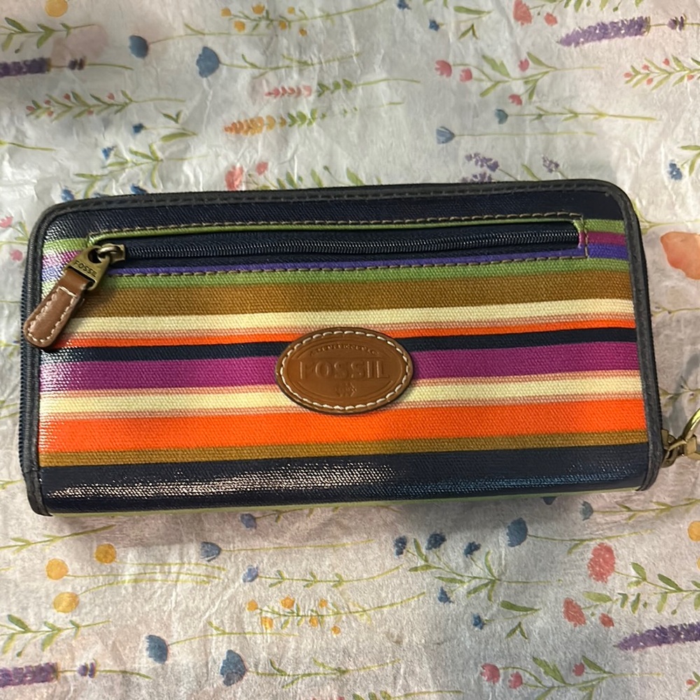Fossil Orange and Purple Wallet with Bold Stripes